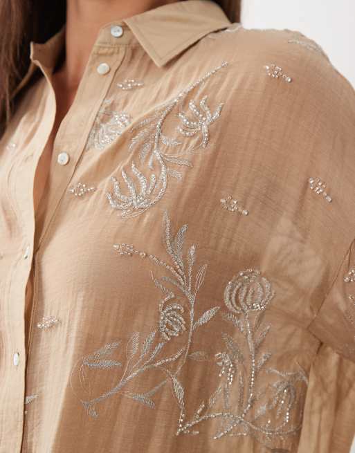 Mango – Beige, skir skjorta i oversize med utsmyckningar, 2 av 4