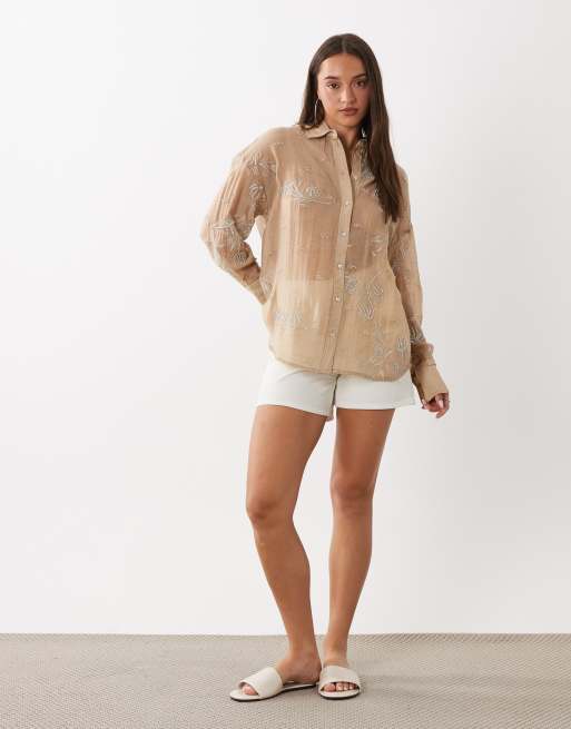 Mango – Beige, skir skjorta i oversize med utsmyckningar, 3 av 4