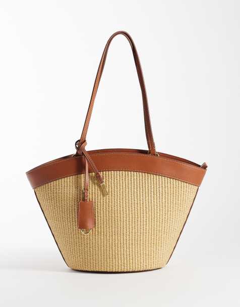 Mango - Beige skuldertaske i vævet materiale med kant i imiteret læder - view 1