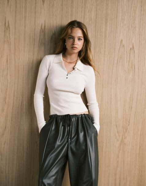 Mango – Beige, stickad pikétröja i ylletyg - view 1