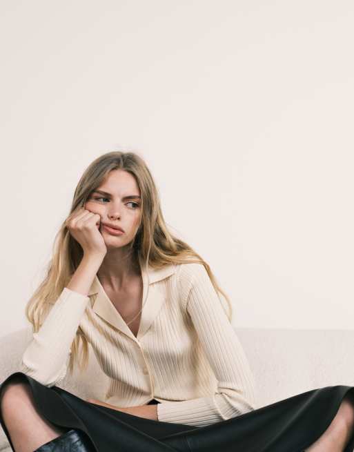 Mango – Beige, stickad pikétröja med långa ärmar, 5 av 5