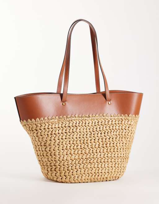 Mango – Beige, stor axelväska med vävd design, 4 av 4