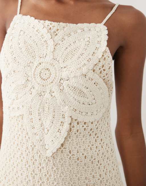 Mango - Beige strikket minikjole med halterneck og statement-blomsterdetalje i bomuldsrigt stof, 2 af 4