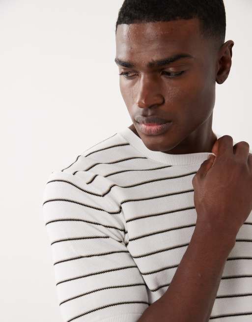 Mango - Beige T-shirt i fin strik med striber, 4 af 5