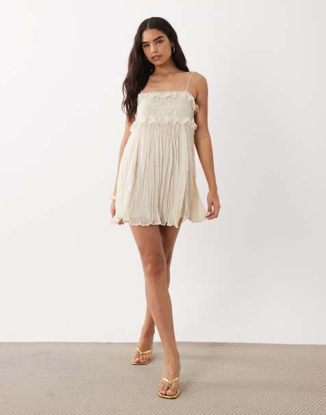 Mango – Beige, texturerad miniklänning med broderi - view 1