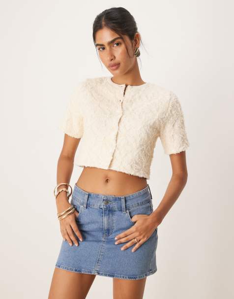 Mango – Beige, texturstickad kofta i kort design med korta ärmar - view 1