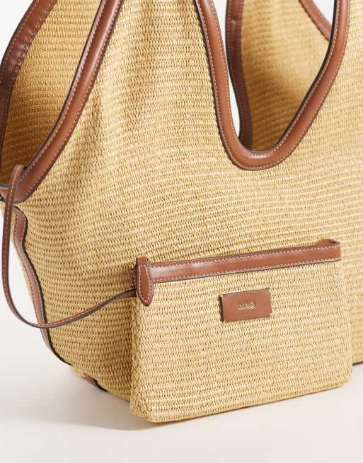 Mango – Beige, vävd axelväska med bruna detaljer, 3 av 4
