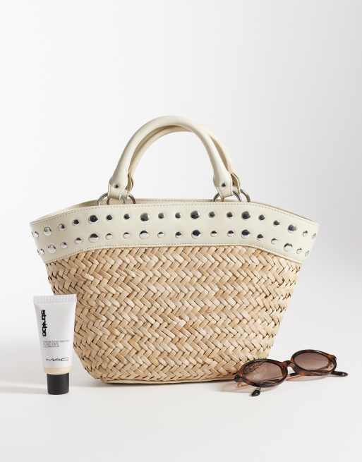 Mango – Beige, vävd handväska i läderimitation med nitar, 2 av 4