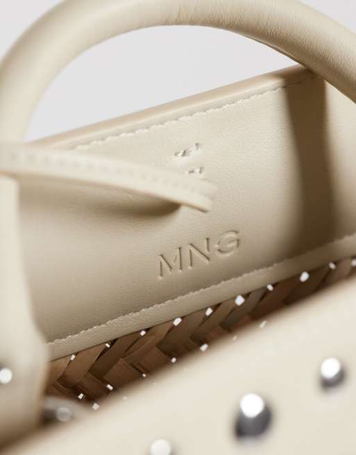 Mango - Beige vævet håndtaske med nitter i kanten i imiteret læder, 3 af 4