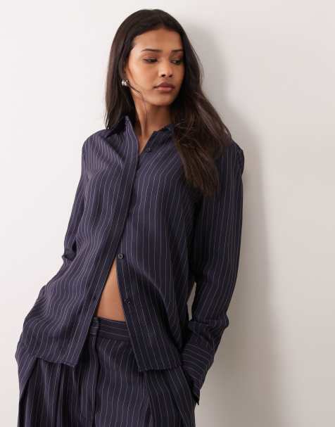 Mango - Beli - Chemise d'ensemble à fines rayures - Bleu marine - view 1
