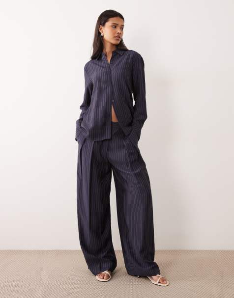 Mango – Beli – Elegante Hose in Marineblau mit weitem Bein und Nadelstreifen, Kombiteil - view 1