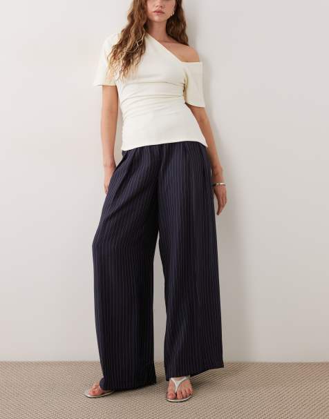 Mango Beli ruimvallende broek co-ord set in marineblauwe krijtstreep - view 1
