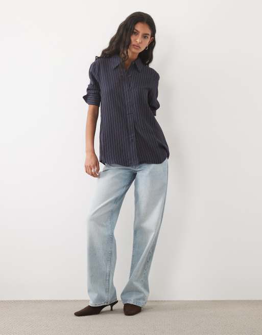 Mango Beli shirt co-ord in navy pinstripe, 2 of 4