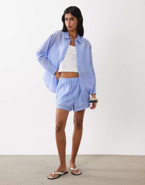 Mango - Belize - Gestreepte co-ord set van oversized overhemd en short in blauw - view 1