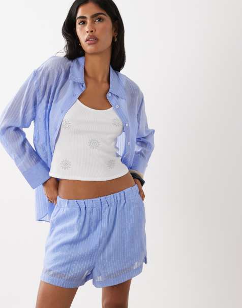 Mango - Belize - Gestreepte short in blauw, deel van co-ord set - view 1