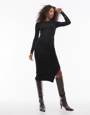 belt detail long sleeve midi dress in black