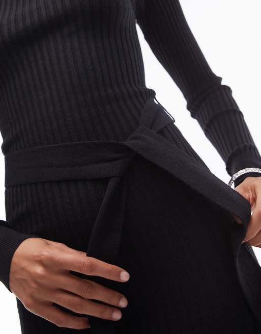 Mango belt detail long sleeve midi dress in black | ASOS