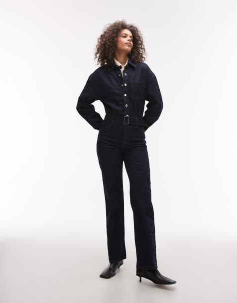 Mango belted denim jumpsuit in dark blue - view 1