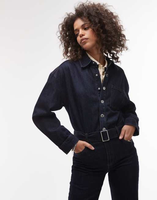 Mango belted denim jumpsuit in dark blue, 2 of 4