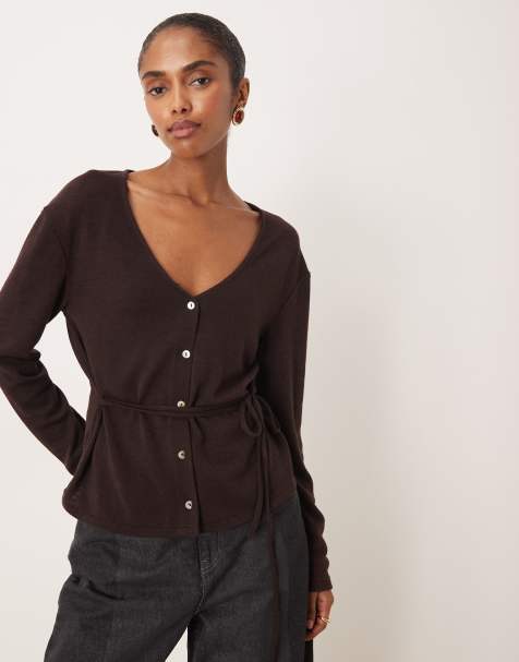 Mango belted fine cardigan in chocolate brown - view 1