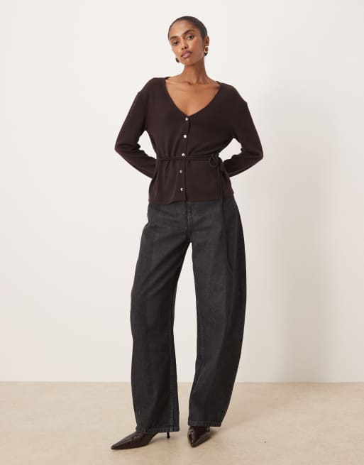 Mango belted fine cardigan in chocolate brown, 2 of 4