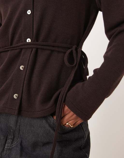 Mango belted fine cardigan in chocolate brown, 4 of 4