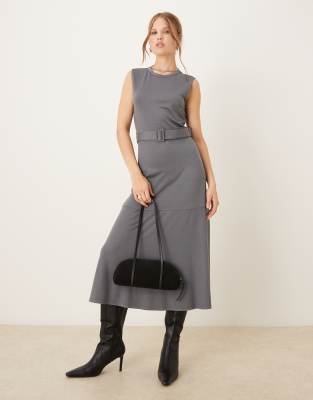 Mango Belted Fine Knit Midi Dress In Gray