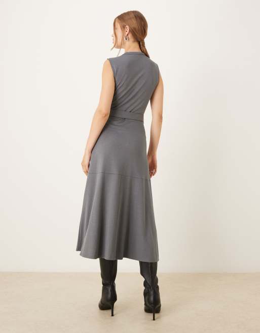 Mango belted fine knitted midi dress in grey | ASOS