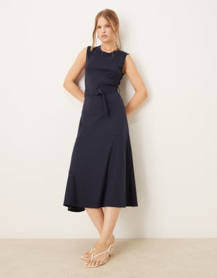 Mango Mango belted fine knitted midi dress in navy