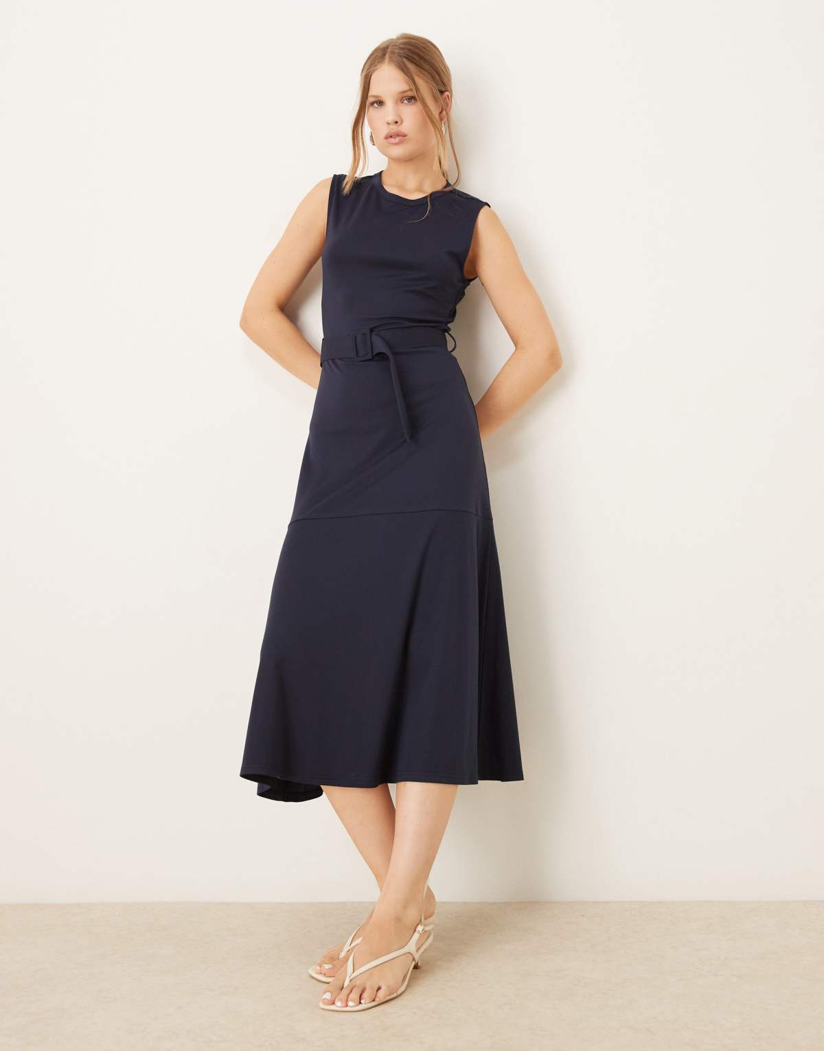 Mango belted fine knitted midi dress in navy