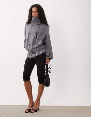 Mango Belted Funnel Neck Jacket In Gray