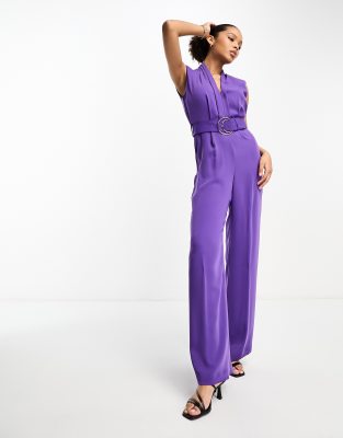 Mango Mango belted jumpsuit in purple-Black