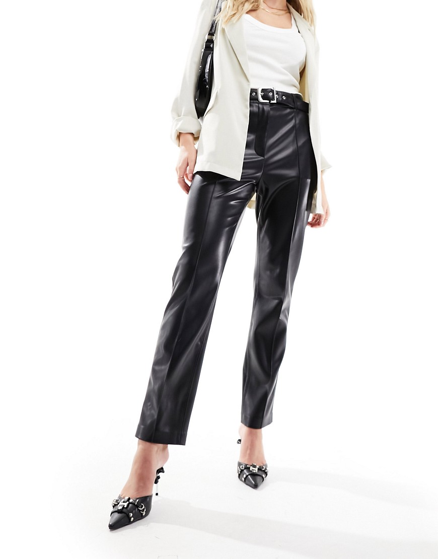 Mango belted leather look trousers in black
