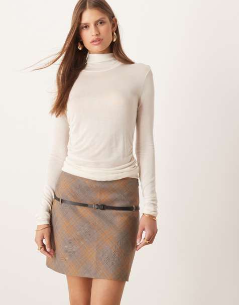 Mango belted mini skirt in brown check - view 1