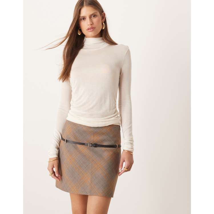 Mango belted mini skirt in brown check ASOS