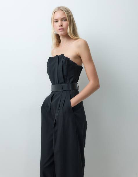 Mango belted off shoulder jumpsuit in black - view 1