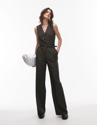 belted pinstripe vest jumpsuit in dark green