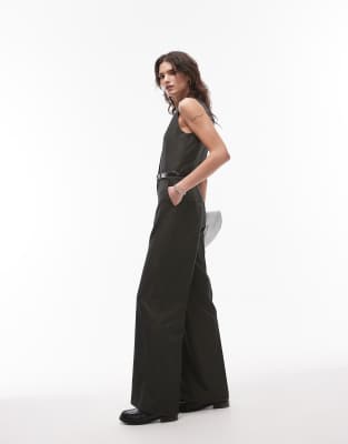 Mango Belted Pinstripe Vest Jumpsuit In Green