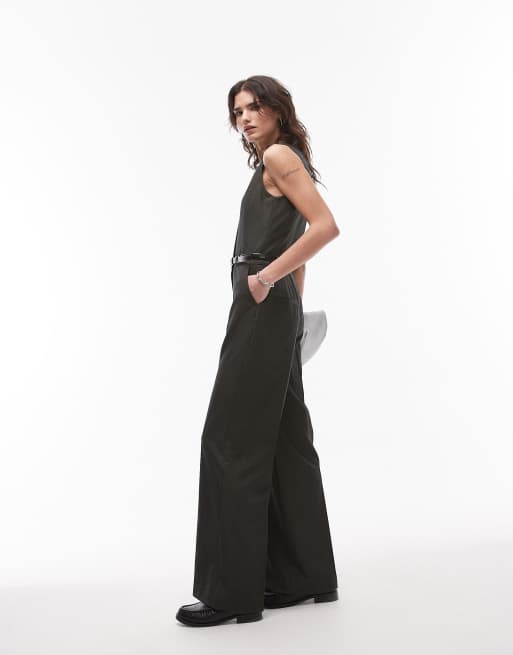 Mango belted pinstripe vest jumpsuit in dark green