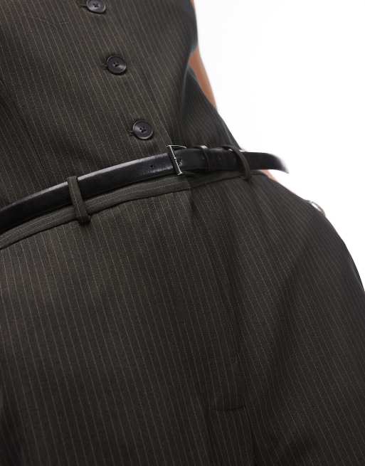 Mango belted pinstripe vest jumpsuit in dark green