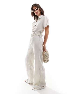 Mango belted short sleeve jumpsuit beige Sale