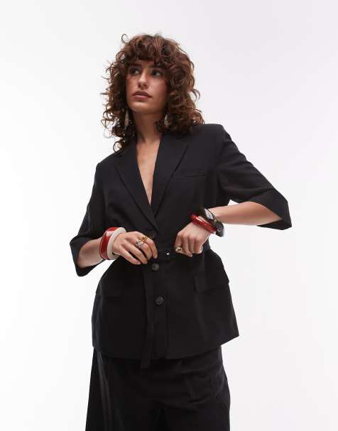 Mango belted tailored short sleeve blazer co-ord in black - view 1