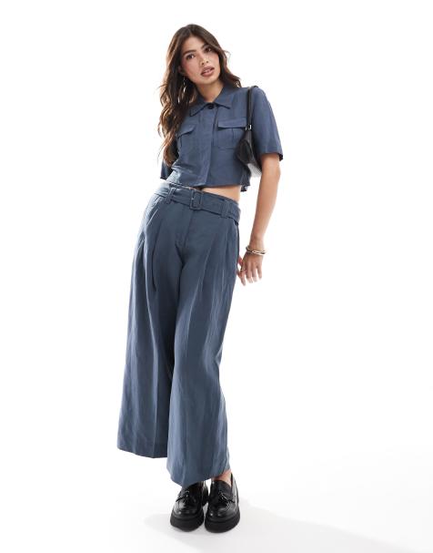 Mango belted wide leg co-ord trousers in blue - view 1
