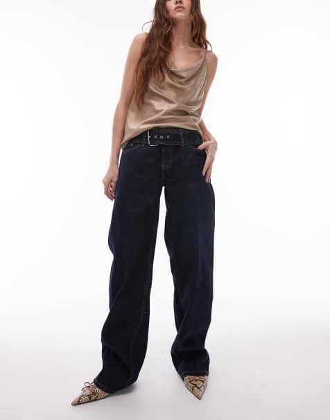 Mango Ben wide leg belted jeans in dark blue - view 1