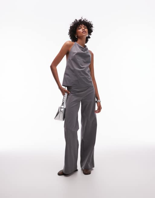 Mango – Bengaline-Top in Grau mit drapiertem Ausschnitt, Rückenausschnitt und ringförmigem Detail-Verschluss, Kombiteil, 3 von 4