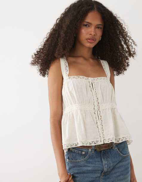 Mango – Besticktes Camisole-Oberteil aus 100% Baumwolle in Beige mit Knopfleiste - view 1