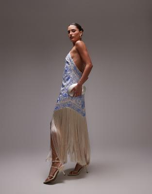 Mango - Besticktes Schalkleid aus Satin in Blau mit Fransensaum