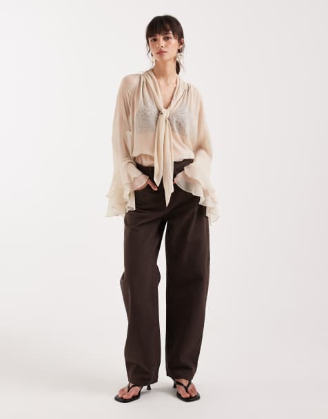 Mango Bet 100% cotton barrel jean in brown - view 1