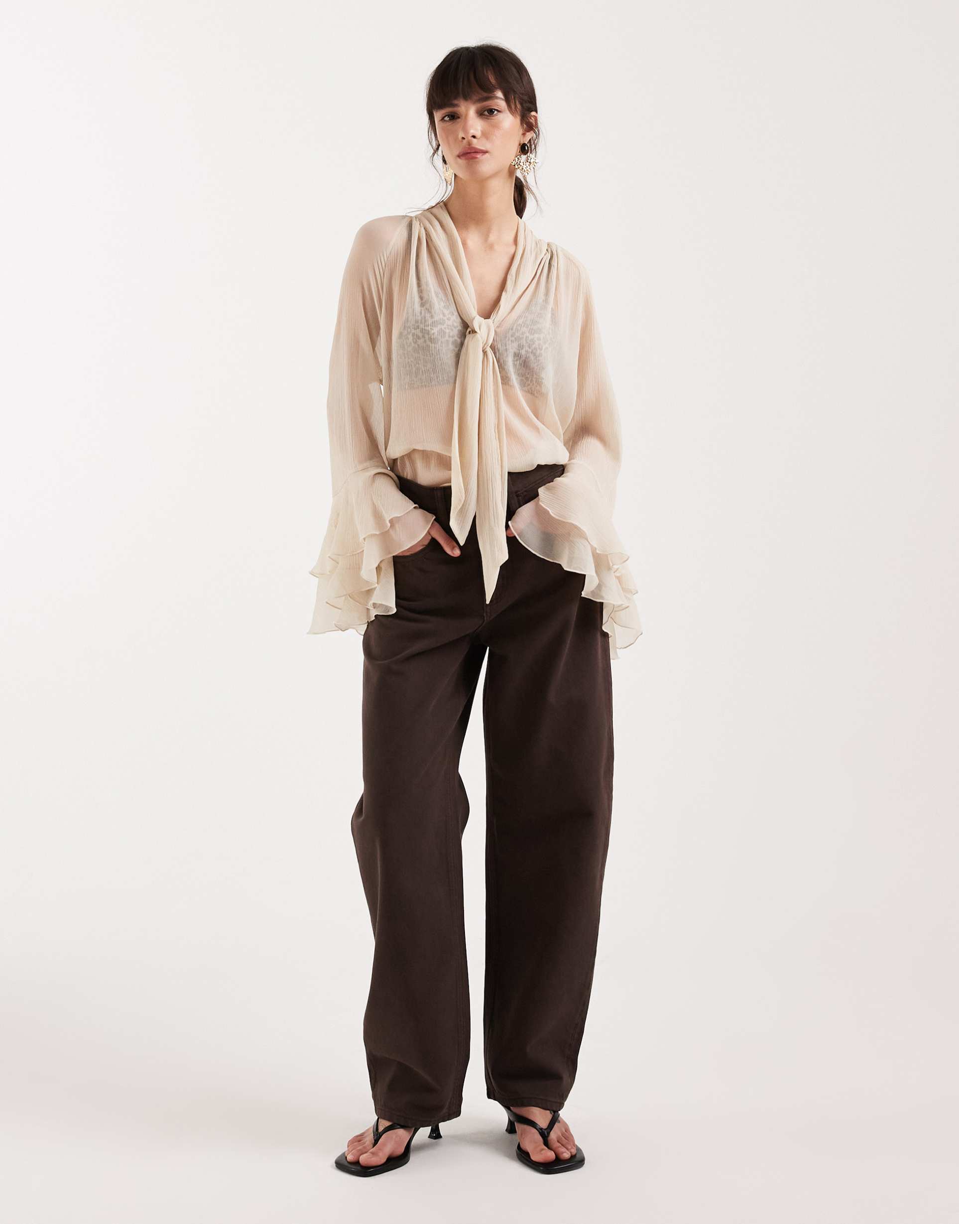 mango bet 100% cotton barrel leg jeans in brown