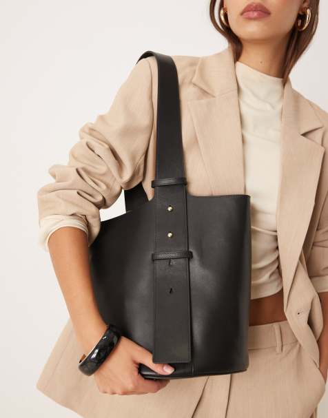 Mango – Beutel-Schultertasche aus 100% Leder in Schwarz - view 1